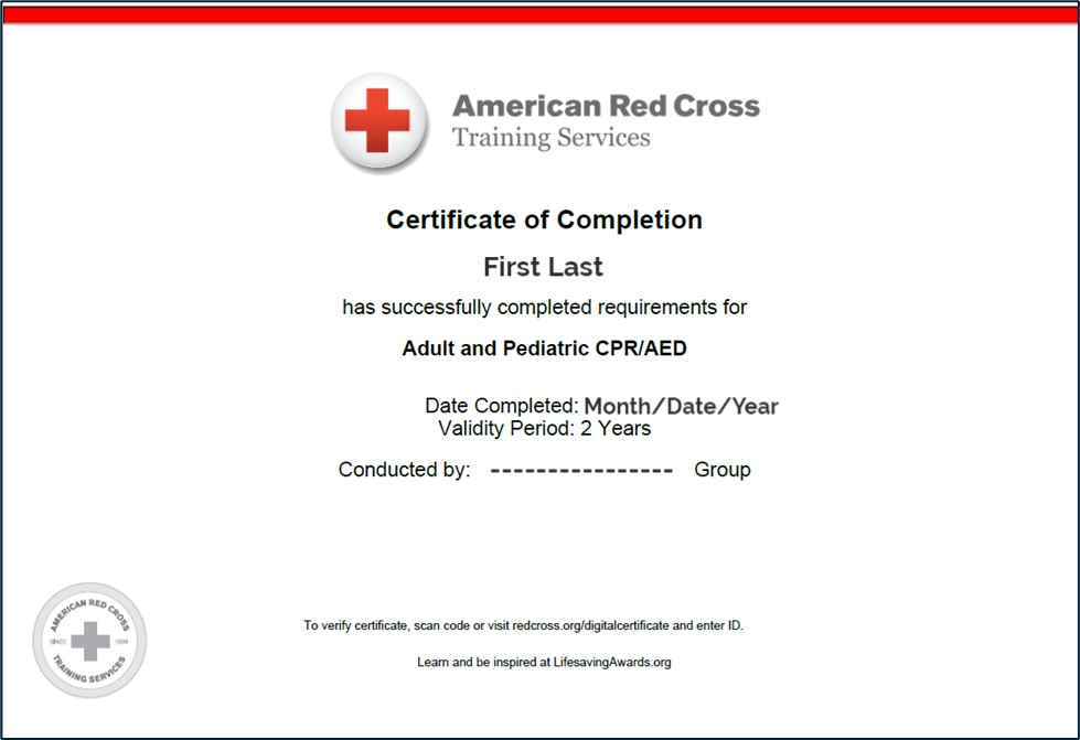 日本語サイトに掲載しているCPR・AED修了証の見本。